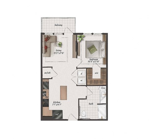 Floor plan for 1 bed, 1 bath, 690 sqft